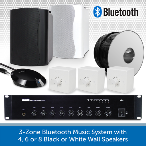 3-Zone Bluetooth & FM Music System with 4, 6 or 8 Black or White Wall Speakers