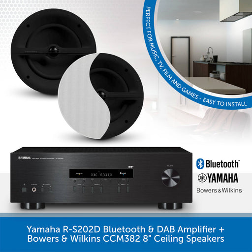 Yamaha R-S202D Bluetooth & DAB Amplifier + Bowers & Wilkins CCM382 8" Ceiling Speakers + Clarion Speaker Cable