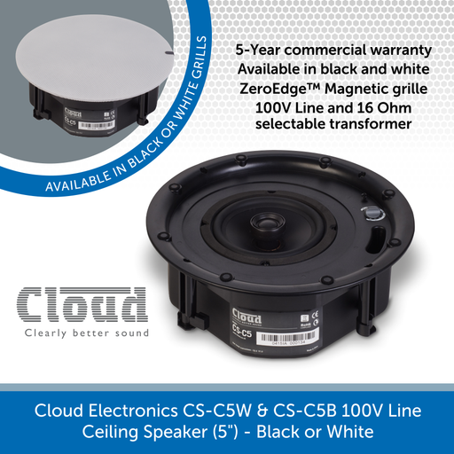 Cloud Electronics CS-C5W & CS-C5B Professional 100V Line Ceiling Speaker (5") 
