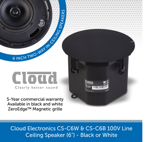 Cloud Electronics CS-C6W & CS-C6B Professional 100V Line Ceiling Speaker (6") - Black or White