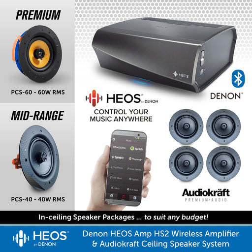 Denon HEOS Amp HS2 Wireless Amplifier & Audiokraft In-Ceiling Speaker Package