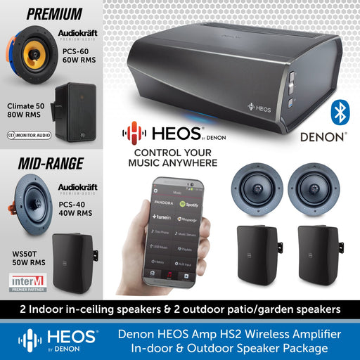 Denon HEOS Amp HS2 Wireless Amplifier with In-door & Outdoor Speaker Package, Wireless Music Streaming