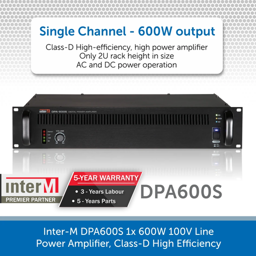 Inter-M DPA600S 1x 600W 100V Line Power Amplifier, Class-D High Efficiency