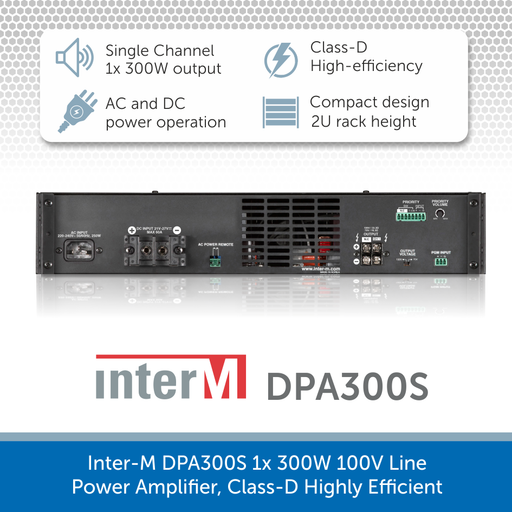 Showing the back of a Inter-M DPA300S 1x 300W 100V Line Power Amplifier, Class-D Highly Efficient