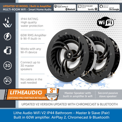 Lithe Audio WiFi V2 pair of Multi Room IP44 Bathroom Ceiling Speakers