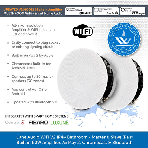 Lithe Audio WiFi V2 pair of Multi Room IP44 Bathroom Ceiling Speakers