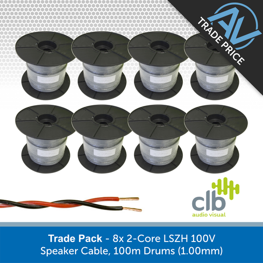Trade Pack - 8x 2-Core LSZH 100V Speaker Cable, 100m Drums (1.00mm)