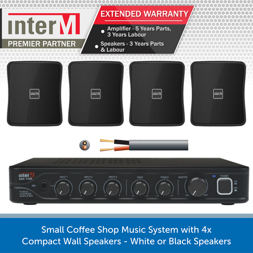 Small Coffee Shop Music System with 4x Compact Wall Speakers - White or Black Speakers