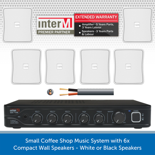 Small Coffee Shop Music System with 6x Compact Wall Speakers - White or Black Speakers