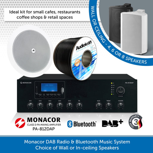 Monacor DAB Radio & Bluetooth Music System - Choice of Wall or In-ceiling Speakers