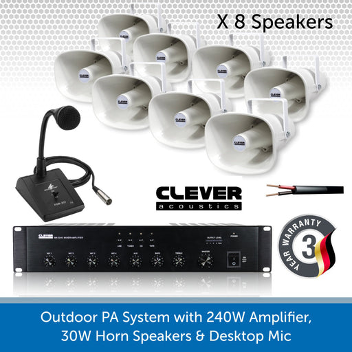 Public Address Speaker Kit with 240W Amplifier, 30W Horn Speakers & Desktop Paging Mic