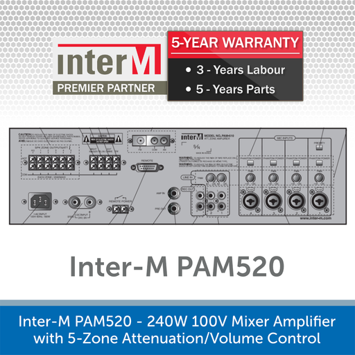 Inter-M PAM520 - 240W 100V Mixer Amplifier with 5-Zone Attenuation/Volume Control