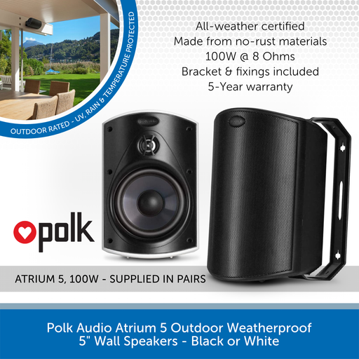 Polk Audio Atrium 5 Outdoor Weatherproof 5" Wall Speakers - Black or White