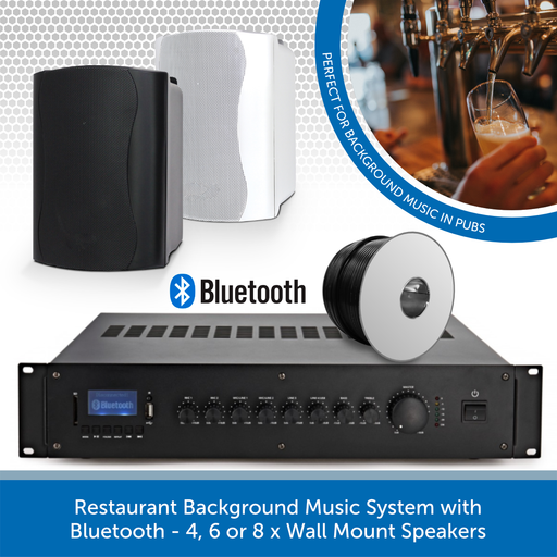Restaurant Background Music System with Bluetooth - 4, 6 or 8 x Wall Mount Speakers