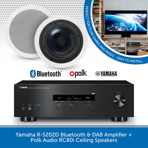 Yamaha R-S202D Bluetooth & DAB Amplifier + Polk Audio RC80i Ceiling Speakers + Clarion Speaker Cable
