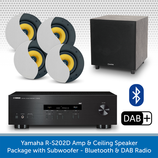 Yamaha RS202D Bluetooth & DAB Amplifier with 6.5" Ceiling Speakers & 100W Subwoofer
