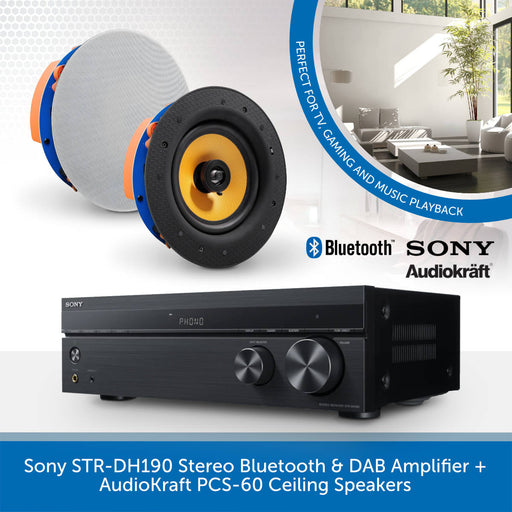 Sony STR-DH190 Stereo Bluetooth Amplifier Receiver + AudioKraft PCS-60 Ceiling Speakers + Clarion Speaker Cable