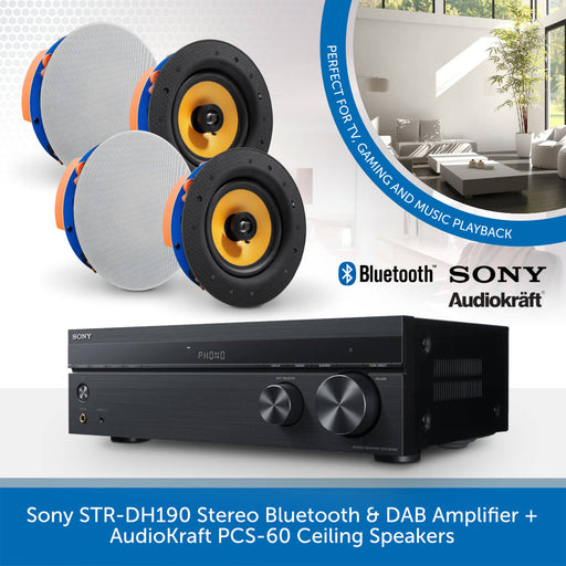 Sony STR-DH190 Stereo Bluetooth Amplifier Receiver + AudioKraft PCS-60 Ceiling Speakers + Clarion Speaker Cable