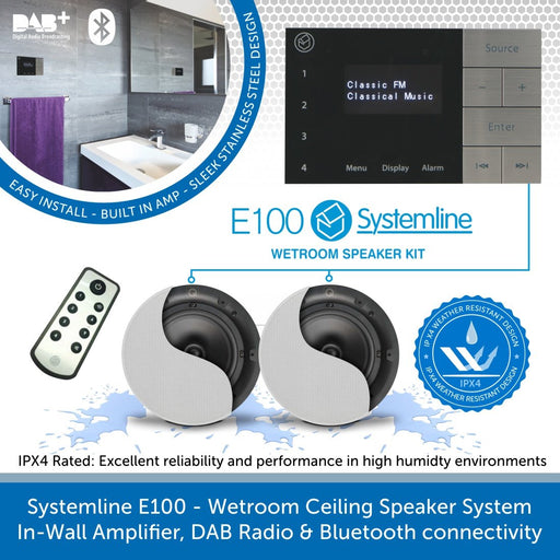 Systemline E100 - Wetroom Ceiling Speaker System, In-Wall Amplifier, DAB Radio & Bluetooth connectivity
