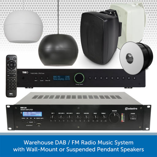 Warehouse DAB / FM Radio Music System with Wall-Mount or Suspended Pendant Speakers